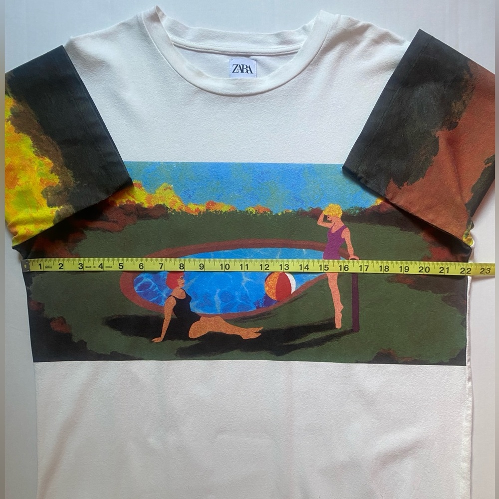 Zara White Graphic T-Shirt Dress Size M Art To Wear Vibrant Women By The Pool - Picture 8 of 9